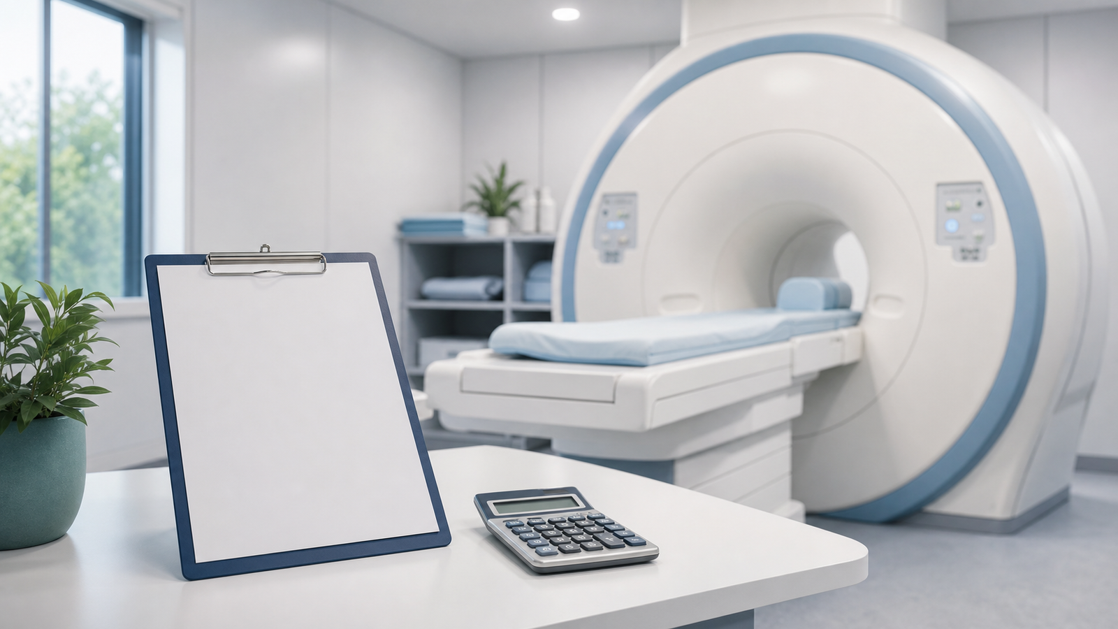 MRI scanner beside a blank cost estimate clipboard and calculator