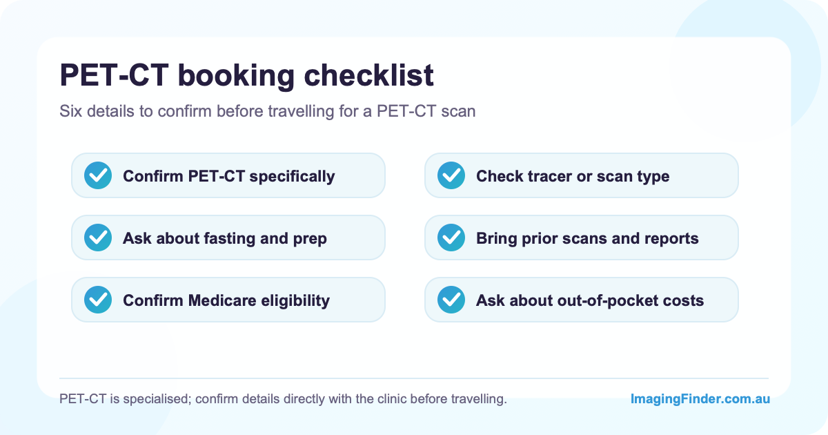 Checklist of five things to have ready before phoning a PET-CT clinic: referral or request form, cancer type or clinical question, recent imaging reports, diabetes medication list, and recent treatment dates