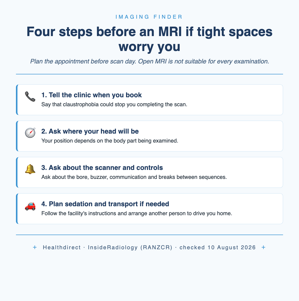 Four-step MRI claustrophobia booking plan: tell the clinic, ask about head position, ask about scanner controls, and plan sedation and transport if needed
