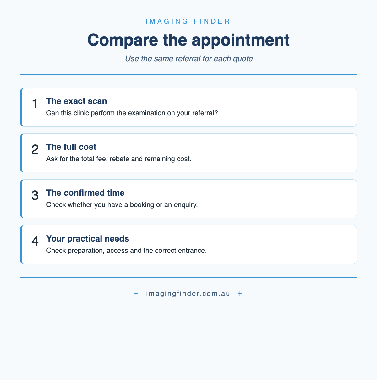 Compare the exact scan, full cost, confirmed appointment and practical needs using the same referral